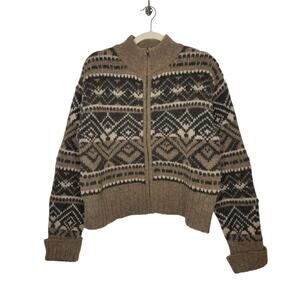 Vintage American Eagle Wool Zip Sweater Cottage Grandma Large Knit Nature Art